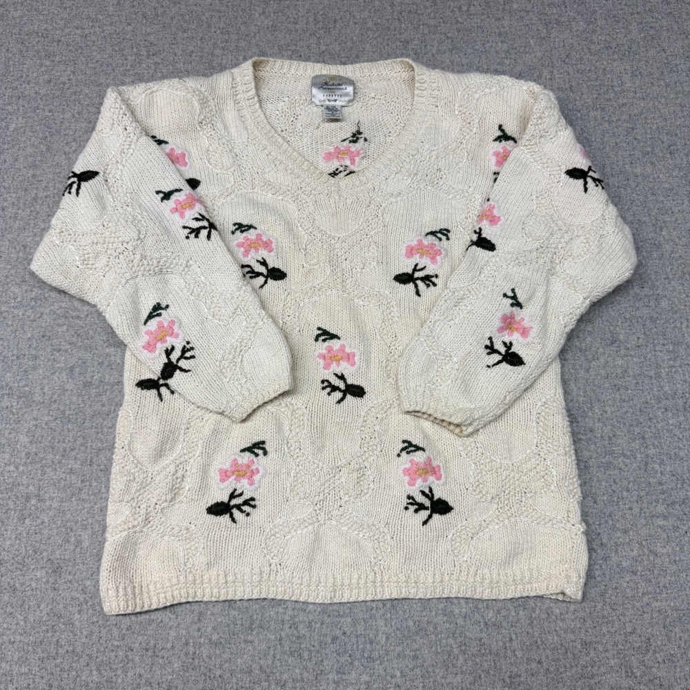 Express Handknitted Internationale Sweater Medium Ivory Floral V-Neck Embroider